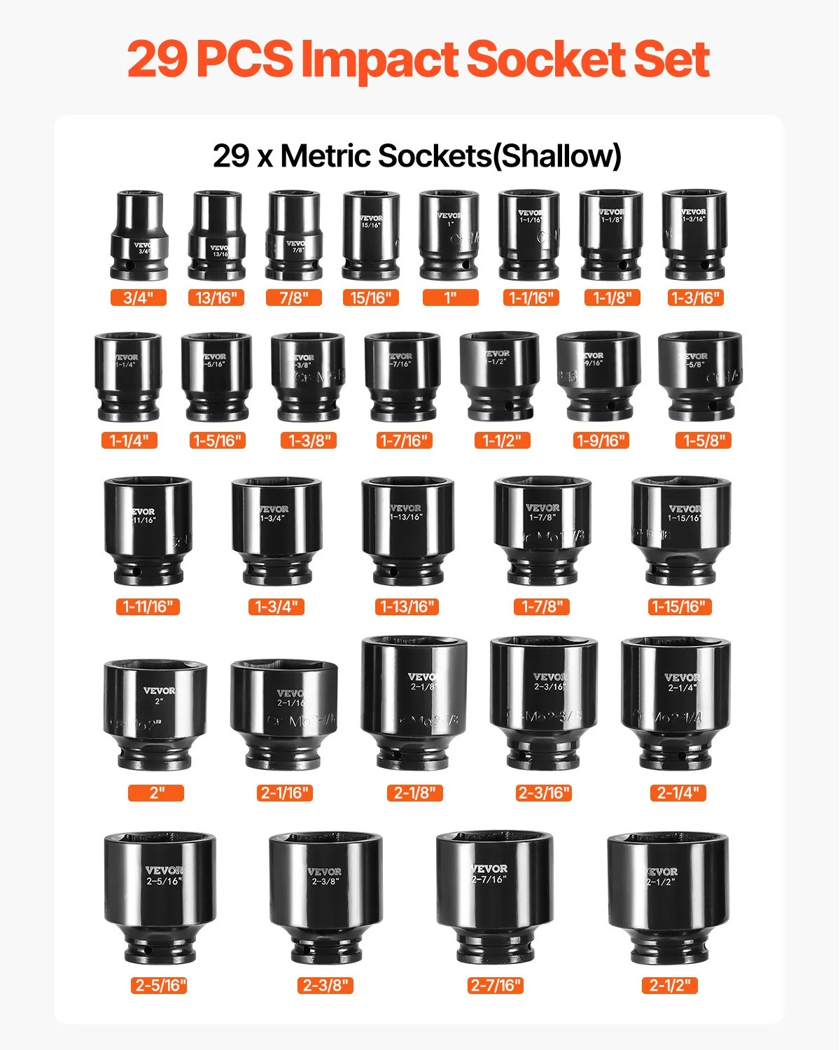 Impact Socket Set 29 Piece Impact Sockets, 6-point Sockets, Rugged Construction, Cr-m0, Drive Socket Set Impact Sae