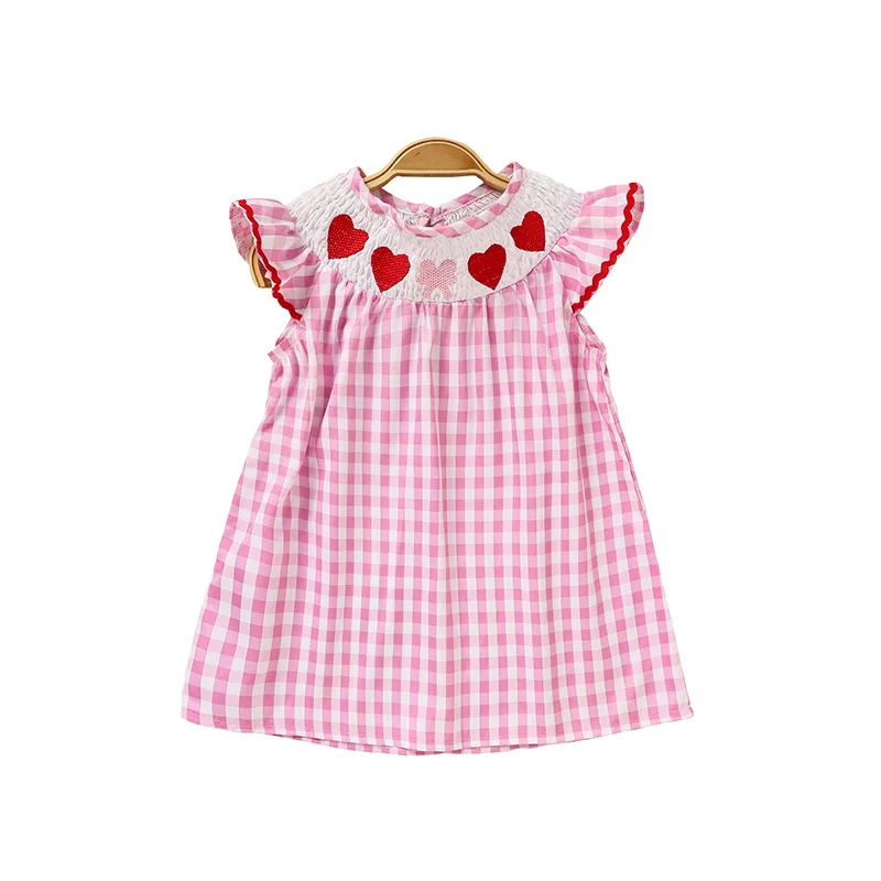 Pink Plaid Infant Dress with Heart Embroidery, Smocked Bodice and Ruffle Sleeves
