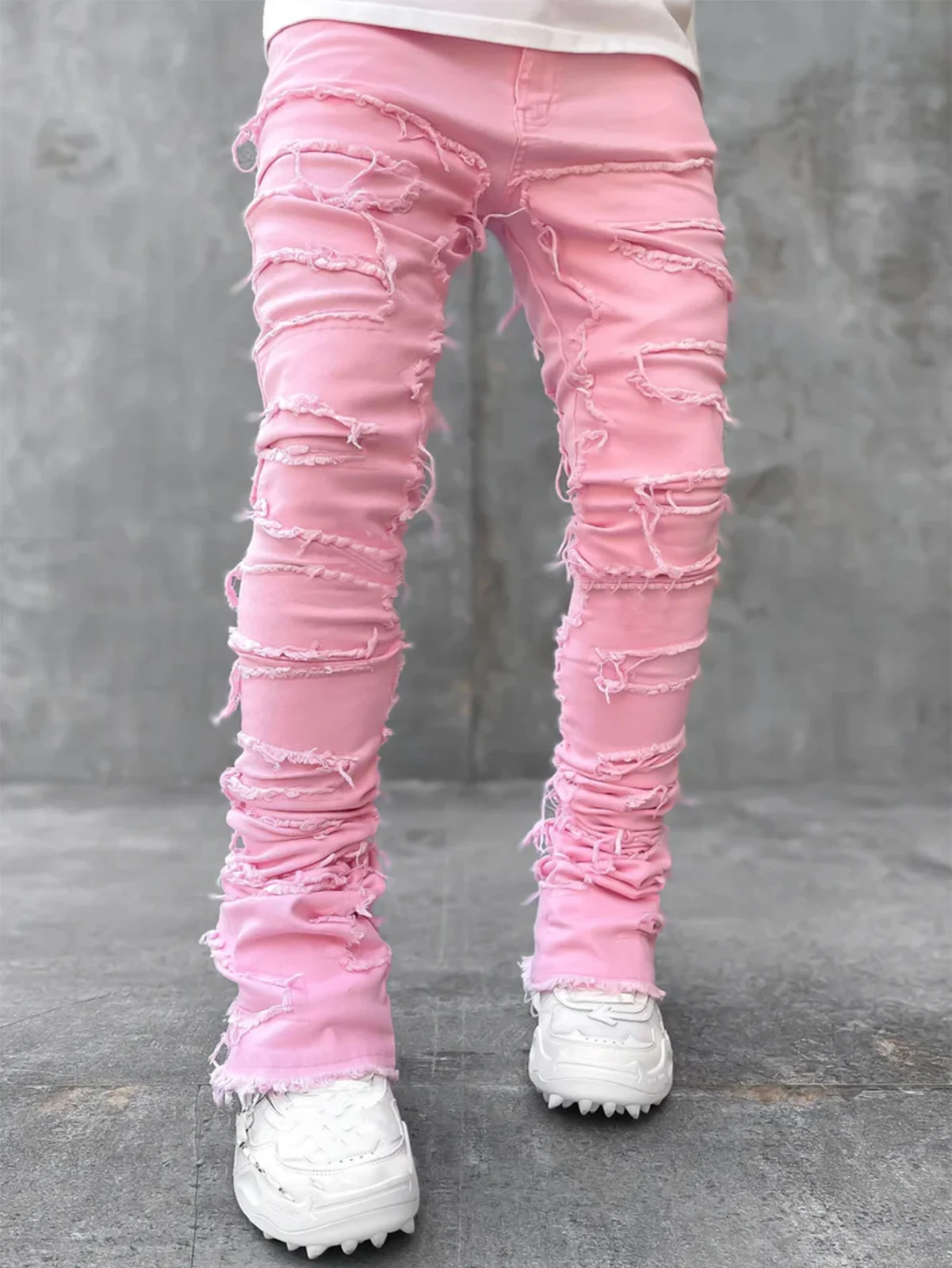 Men's Distressed Ripped Jeans with Fringes and Patches in Solid Colors