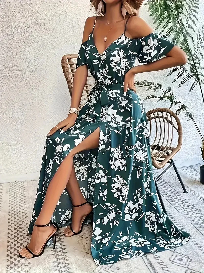 Ins Off-shoulder Split Dress Summer Floral Print Suspender Long Dresses with Belt Design Women's Beach Clothing