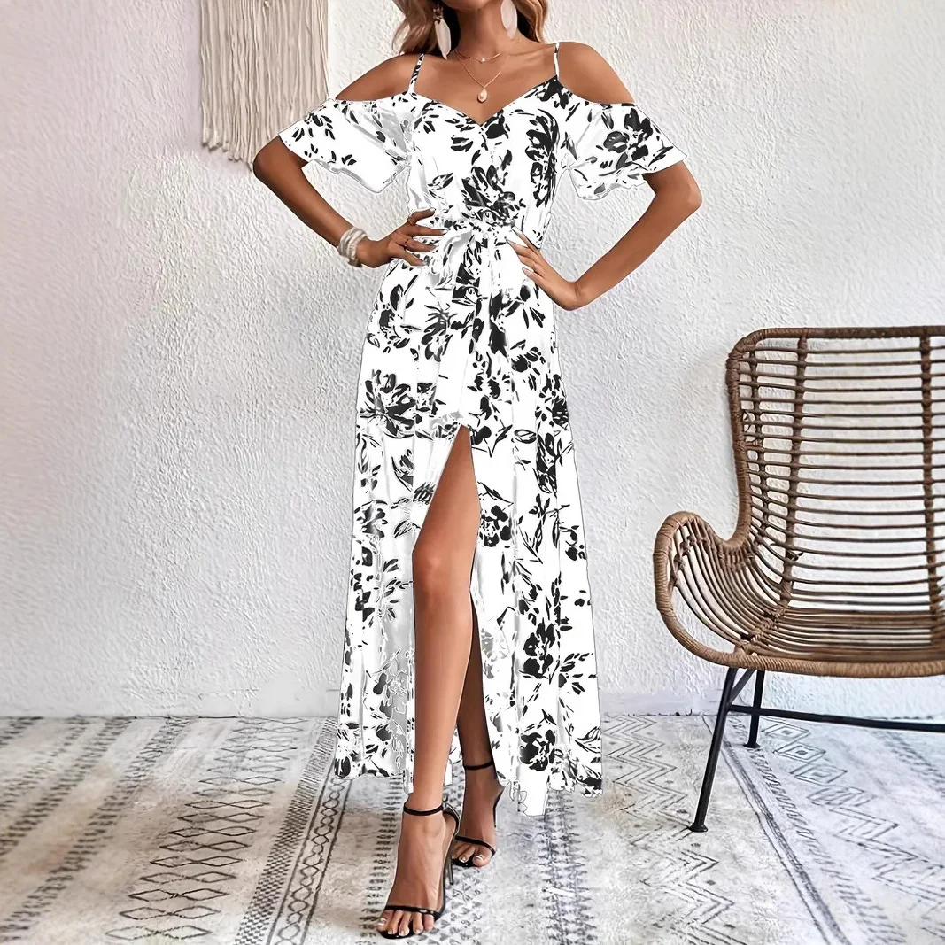 Ins Off-shoulder Split Dress Summer Floral Print Suspender Long Dresses with Belt Design Women's Beach Clothing