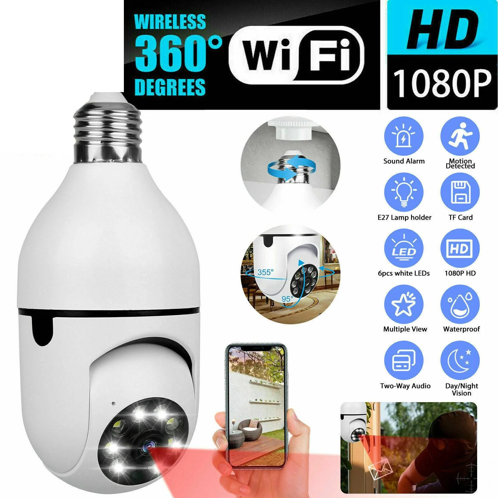 E27 Smart Light Bulb Security Camera 1080P HD Wireless WiFi Surveillance with Full Color Night Vision