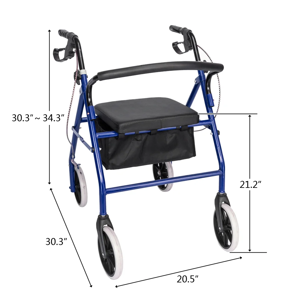 Adjustable Walker with Seat and Storage Basket - Blue and Black Iron Frame with Casters for Elderly Mobility Support