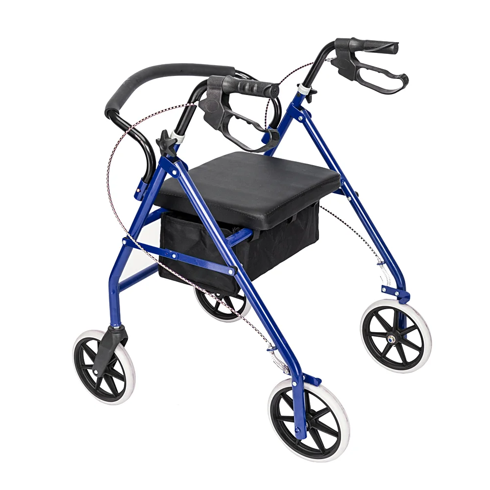 Adjustable Walker with Seat and Storage Basket - Blue and Black Iron Frame with Casters for Elderly Mobility Support