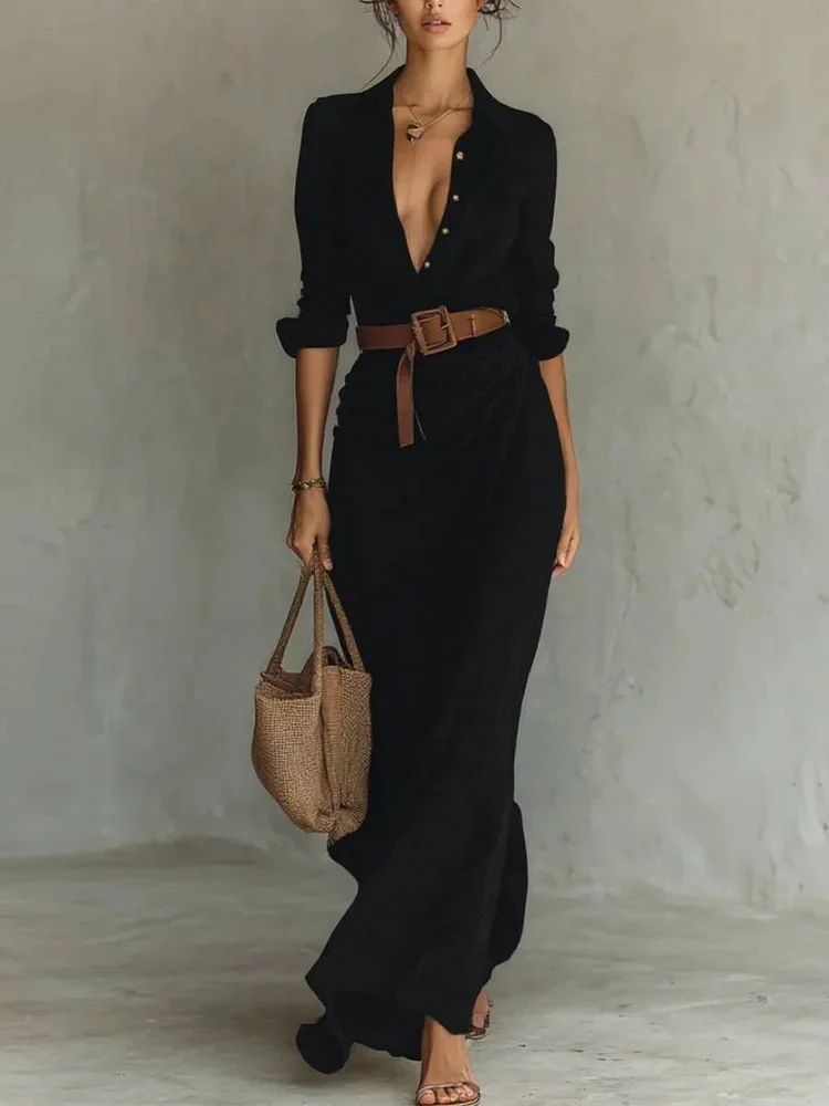 Irregular Long Dress with Belt Fashion and Elegant Button Lapel Long-sleeved Shirt Dresses Daily Office Commuting Clothing for Women