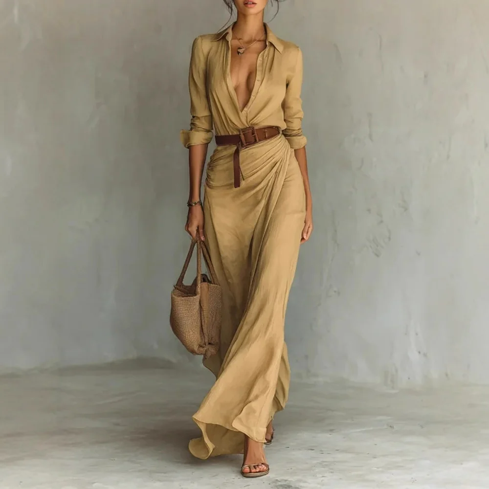 Irregular Long Dress with Belt Fashion and Elegant Button Lapel Long-sleeved Shirt Dresses Daily Office Commuting Clothing for Women