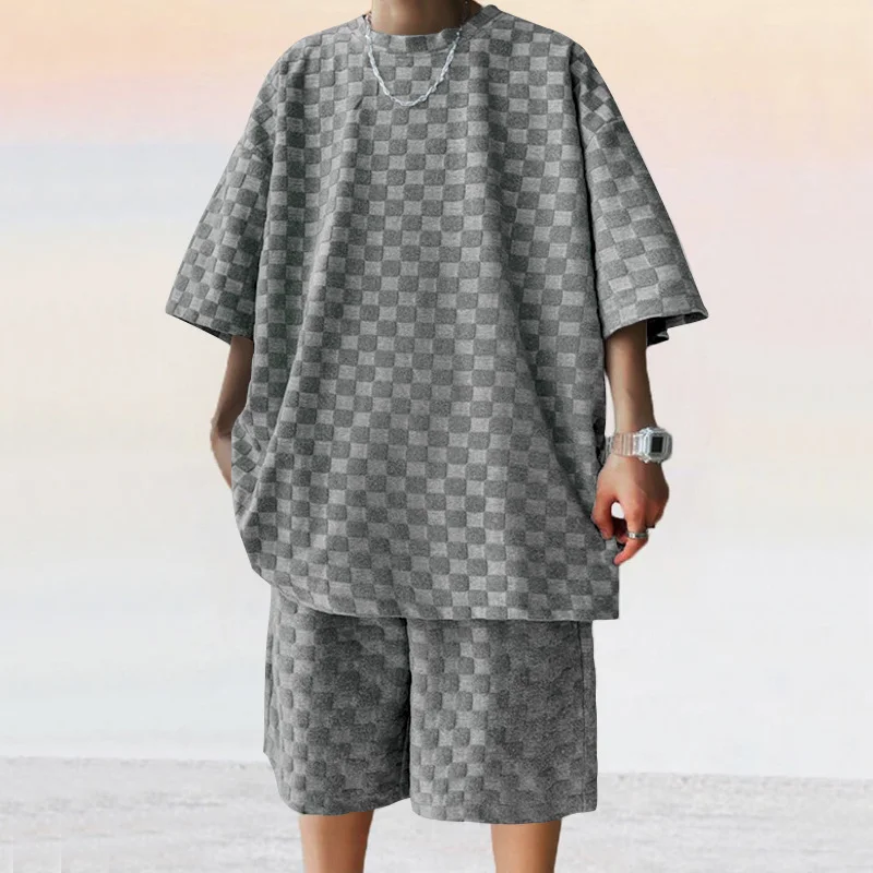 Loose straight‑leg plaid cotton‑blend shorts suit set for men