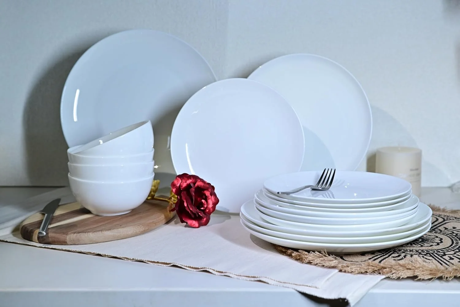 Jasmine Bone China Dinnerware Set, 16 Pieces, Service for 4, White Plates, Dishes, Bowls Set, Microwave and Dishwasher Safe