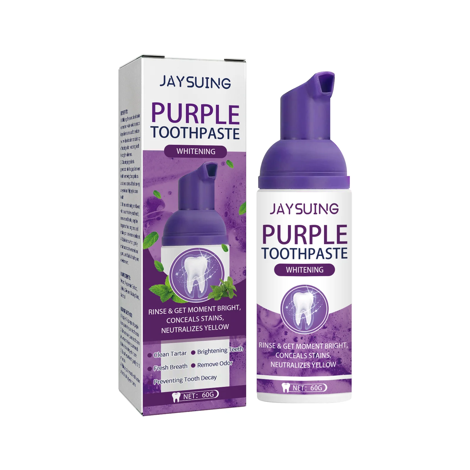 Jaysuing Purple Toothpaste - Brightens Teeth with Peppermint, Reduces Stains and Odors