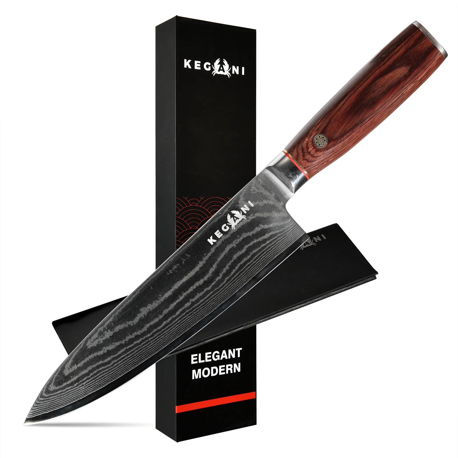 Kegani 8 Inch Damascus Chef Knife 67 Layers 10cr15comov Japanese Knife Hammered Texture Damascus Knife - Fulltang Wood Handle Chefs Knife with Gift Box&sheath