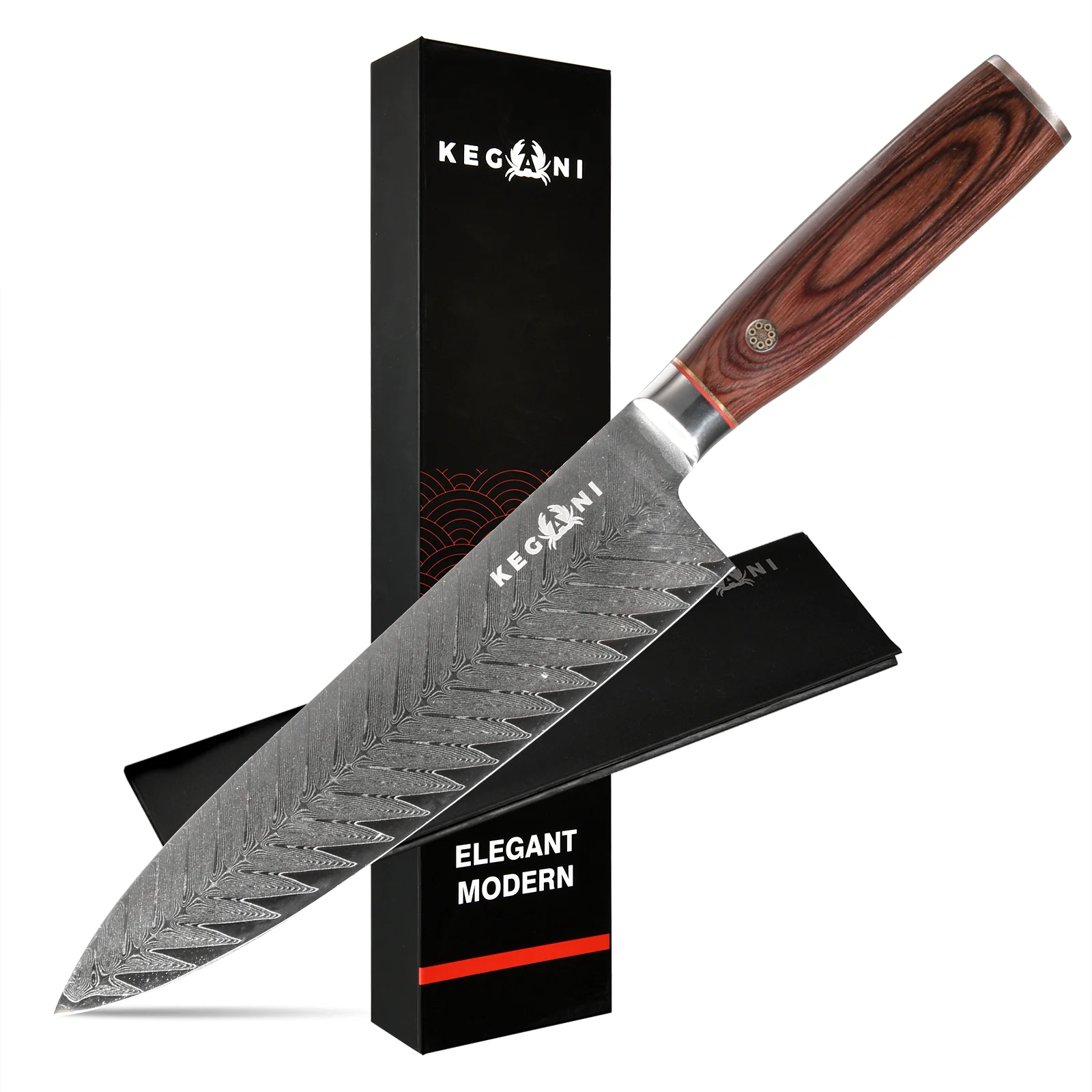 Kegani 8 Inch Damascus Chef Knife 67 Layers 10cr15comov Japanese Knife Hammered Texture Damascus Knife - Fulltang Wood Handle Chefs Knife with Gift Box&sheath