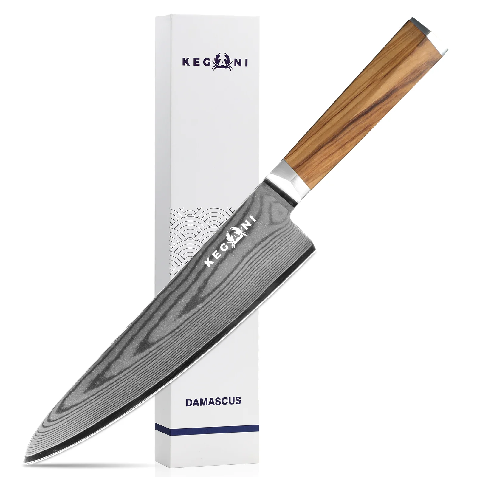 Kegani 8 Inch Kiritsuke Knife, Japanese Chef Knife 67 Layers Vg-10 Damascus Kiritsuke, Italian Olive Wood Fulltang Handle Natural Texture Japanese Knife with Gift Box & Sheath