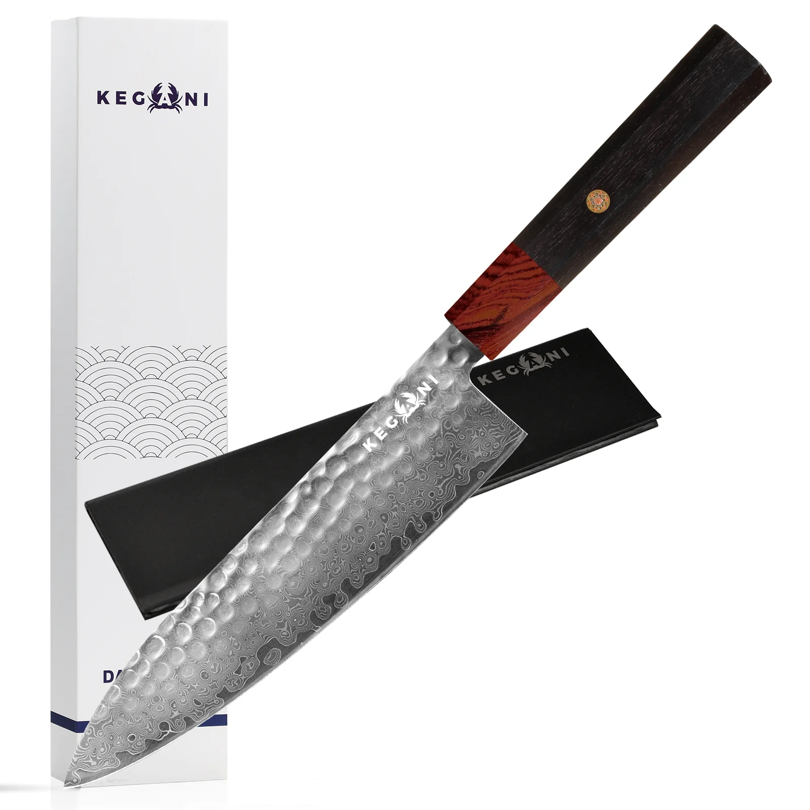 Kegani Damascus Japanese Chef Knife, 67 Layers Vg-10 Japanese Knife Natural Hammered Chef Knife Japanese Rosewood Handle