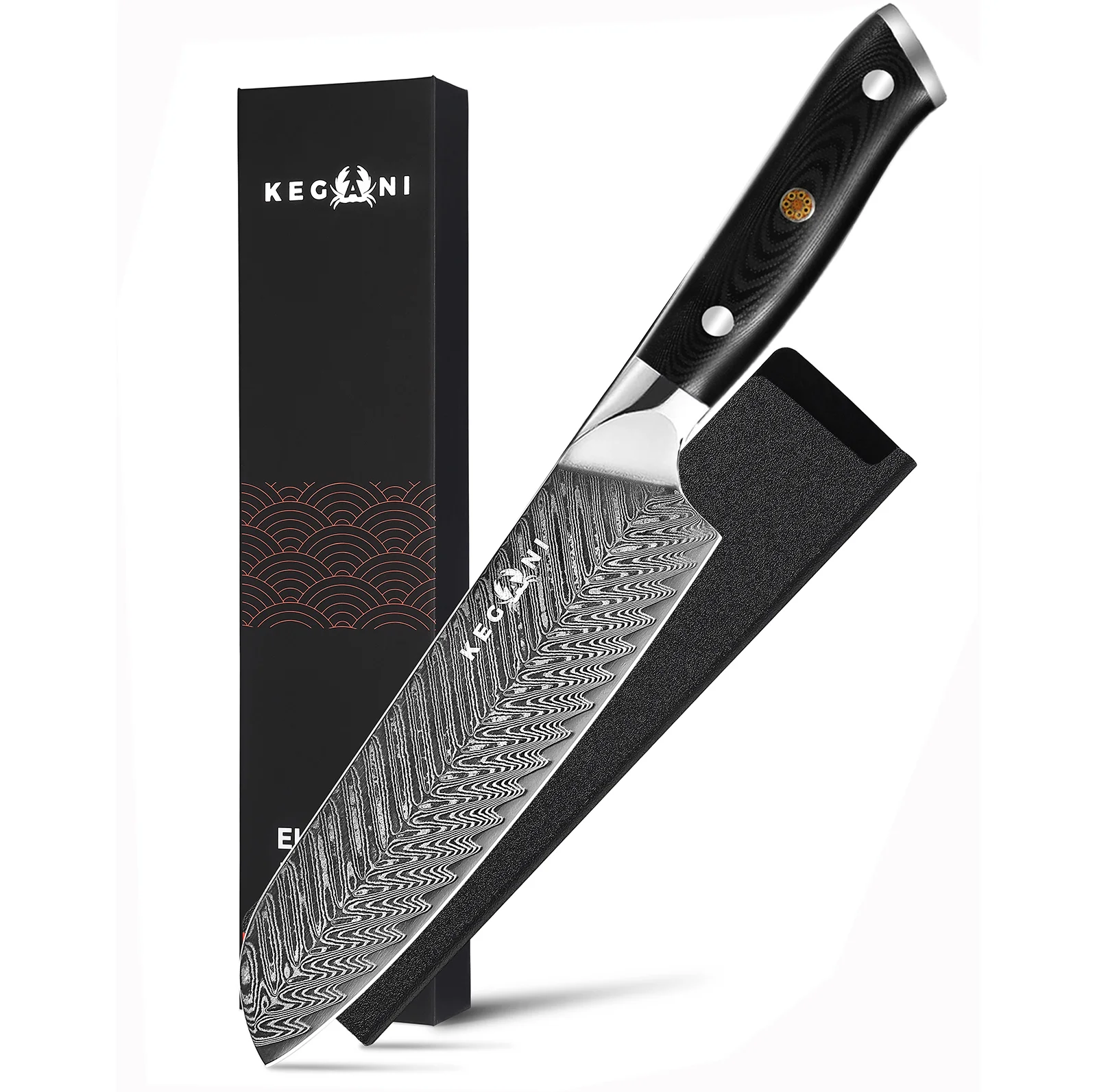 Kegani Santoku Knife 7 Inch Japanese Santoku Knife, 73 Layers Aus-10 Damascus Japanese Knife, Fulltang G10 Handle Damascus Santoku Knife with Case & Sheath