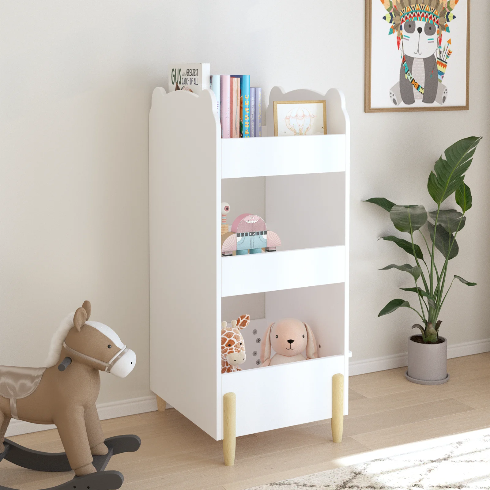 Kids Bookshelf with Chalkboard Side Bear Shaped Wooden Bookcase with 3 Tier Storage, Drawing Board for Toddlers, Toy and Book Organizer for Playroom or Bedroom White