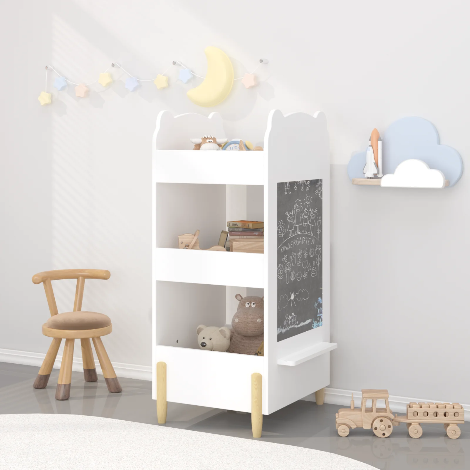 Kids Bookshelf with Chalkboard Side Bear Shaped Wooden Bookcase with 3 Tier Storage, Drawing Board for Toddlers, Toy and Book Organizer for Playroom or Bedroom White