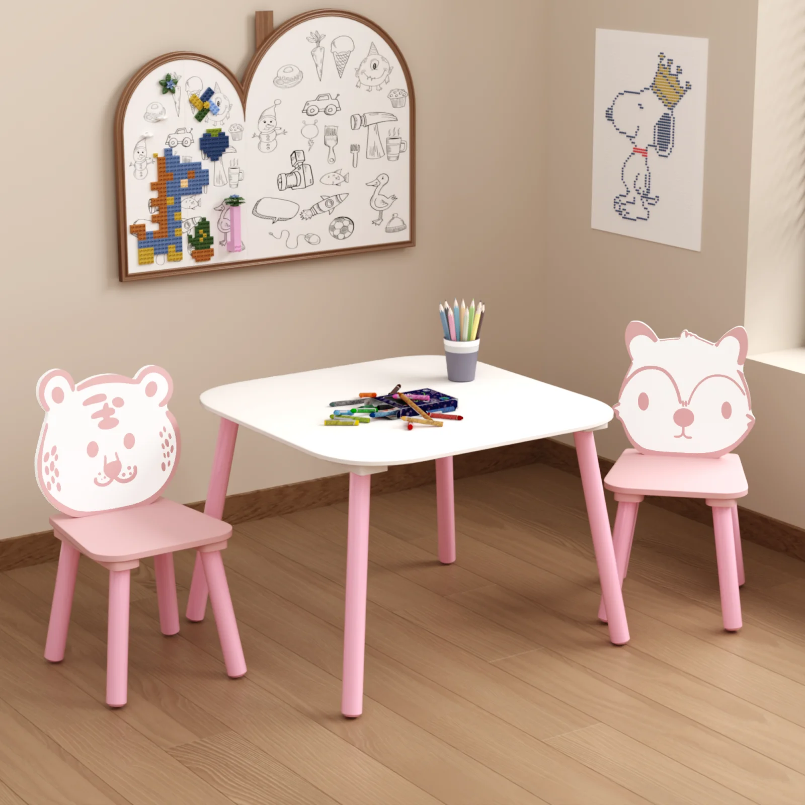 Kids Table and Chair Set, 3-piece Wooden Toddler Desk with Animal Backrest, Activity Table for Drawing, Learning,playroom or Nursery Pink&white
