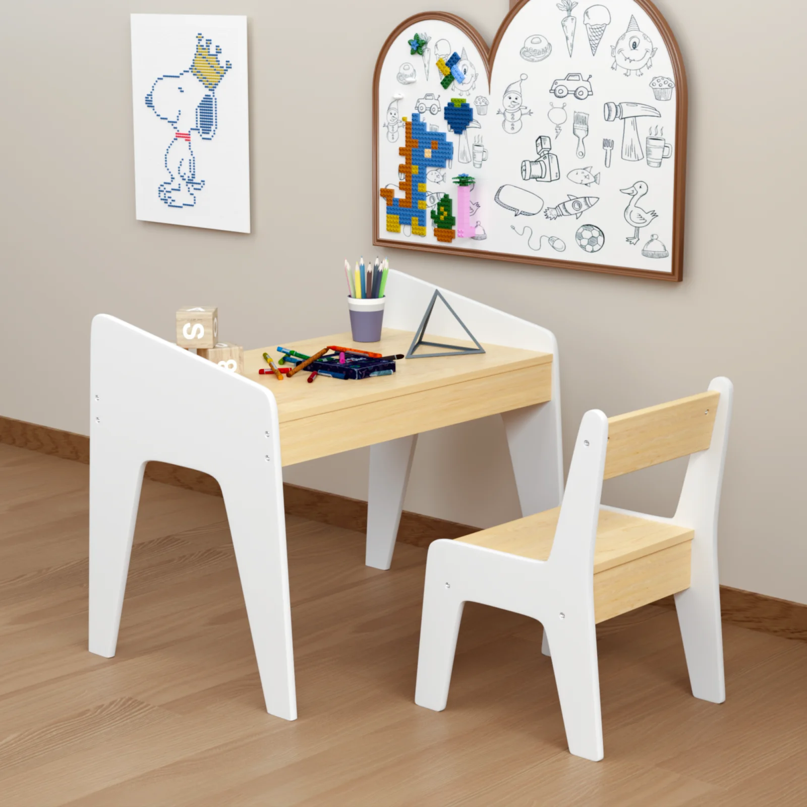 Kids Table Set with One Chair, Wooden Children Study Table, 2-8 Age Kids Funiture , White Natural