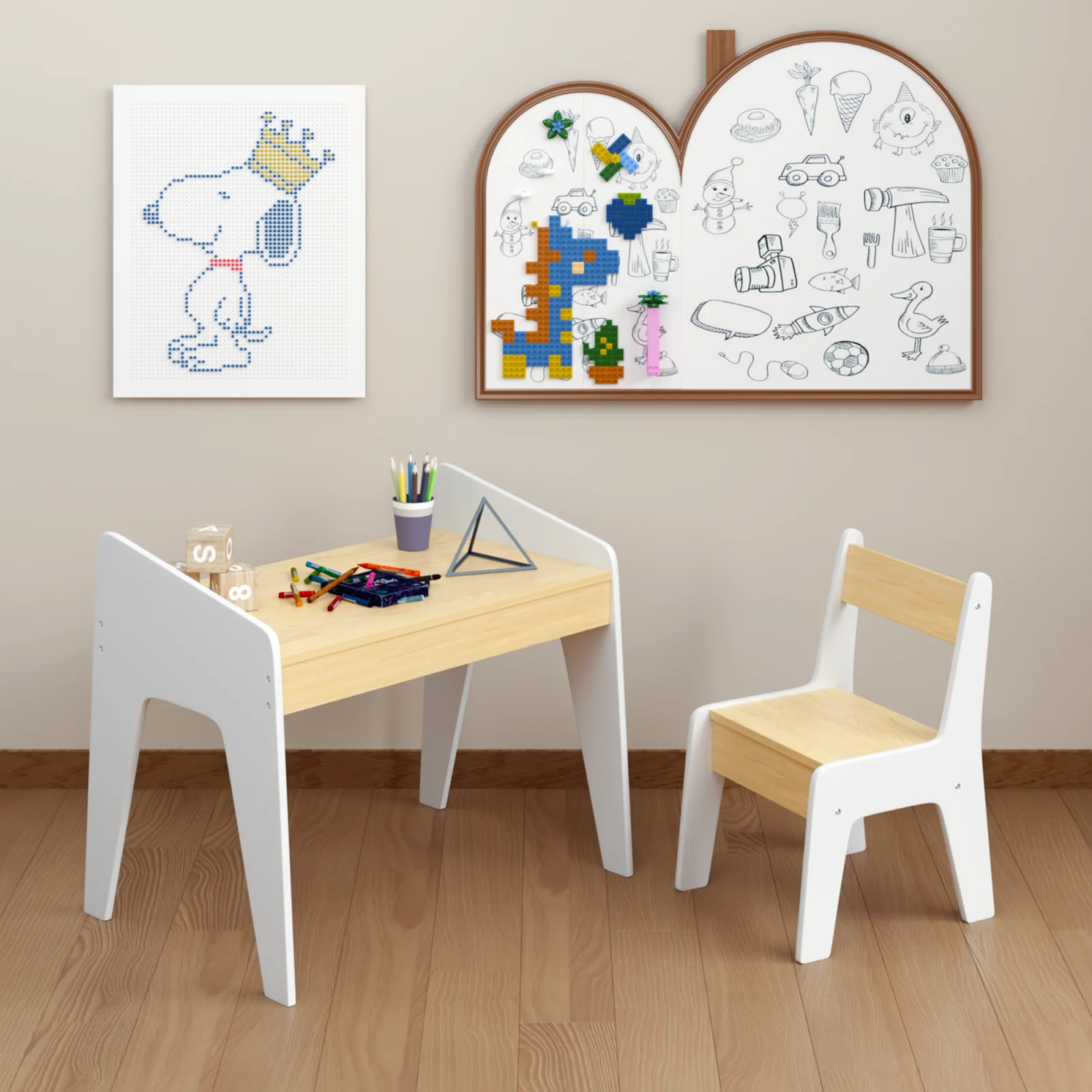 Kids Table Set with One Chair, Wooden Children Study Table, 2-8 Age Kids Funiture , White Natural