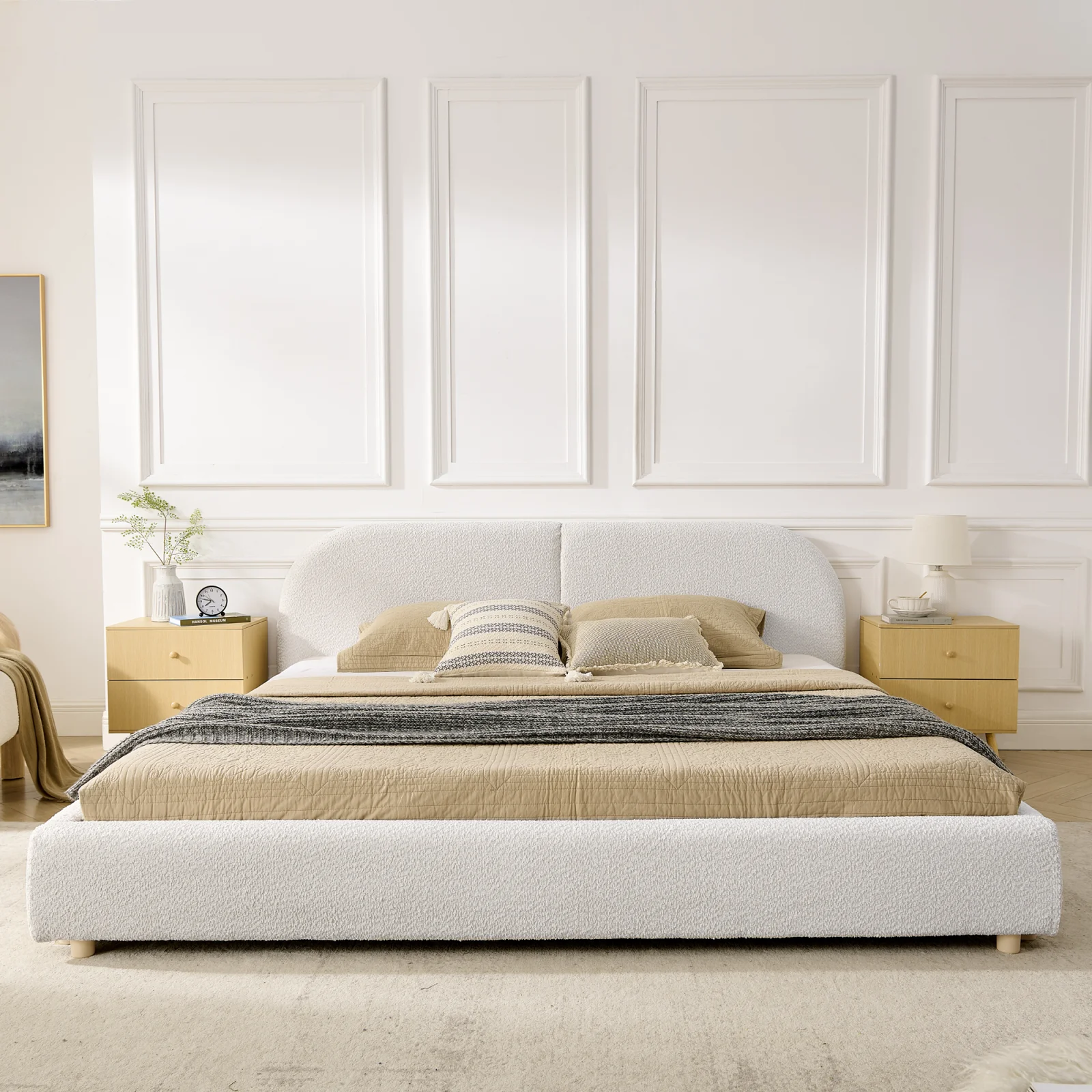 King Size Upholstered Bed Frame, Modern Minimalist Style with Tall Curved Headboard, Premium Circle Yarn Fabric & Sturdy Leg Support, Mattress Not Included-beige