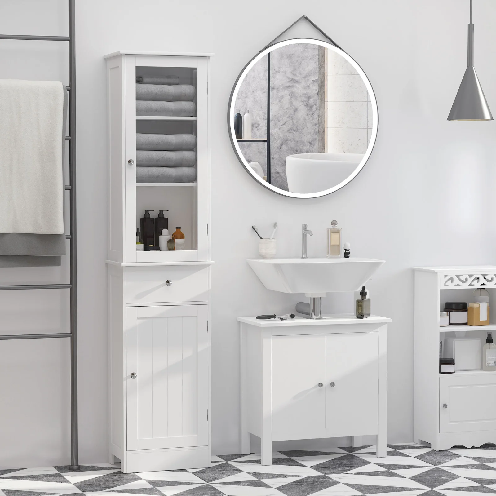 Kleankin Slim Bathroom Storage Cabinet Tall Narrow Linen Tower with Acrylic Door Drawer and Shelves White