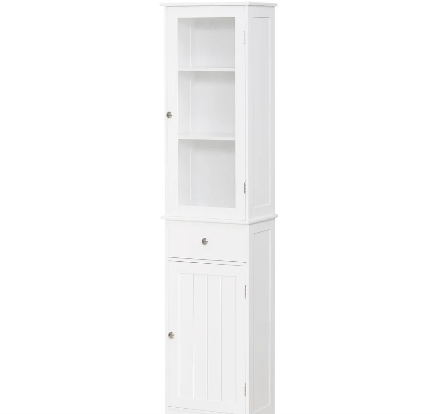 Kleankin Slim Bathroom Storage Cabinet Tall Narrow Linen Tower with Acrylic Door Drawer and Shelves White
