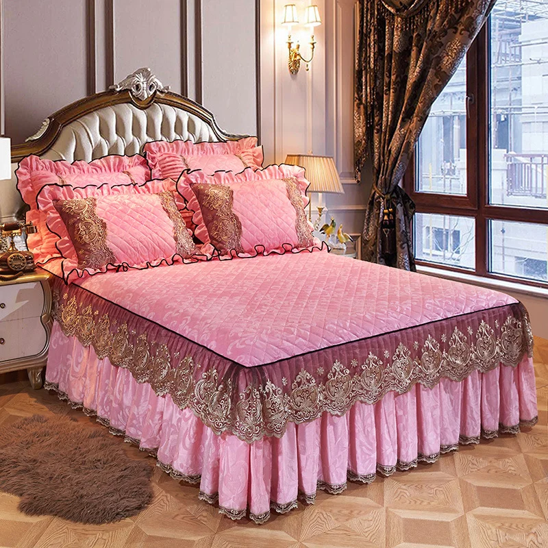 Korean Style Velvet Quilted Bed Skirt Solid Color European Style
