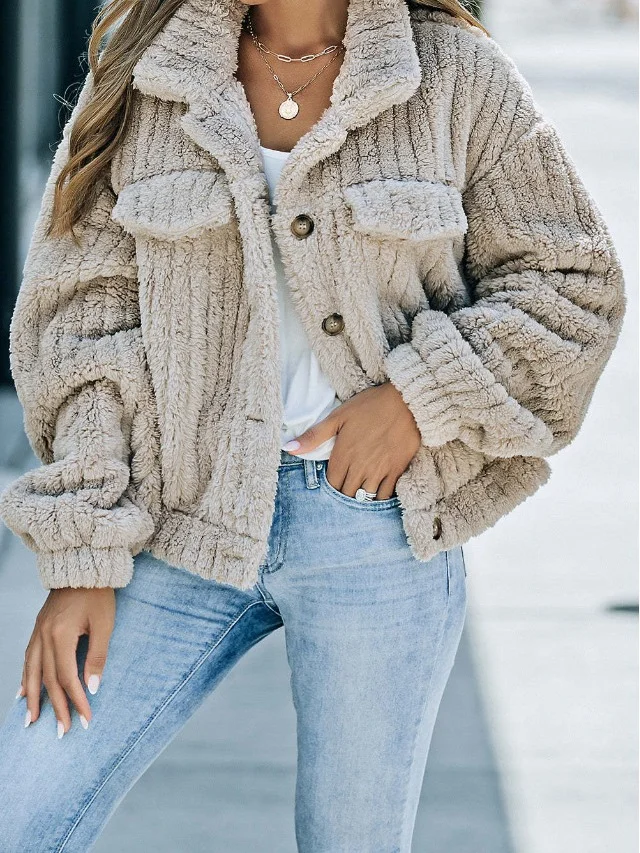 Lapel Bag Cover with Fleece Comfort Casual Women's Thick Plush Coat