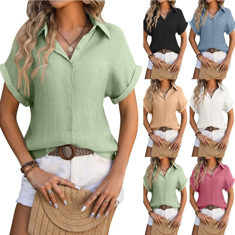 Lapel Button Short Sleeve Top Summer Casual Loose Pleated Shirt for Womens Clothing