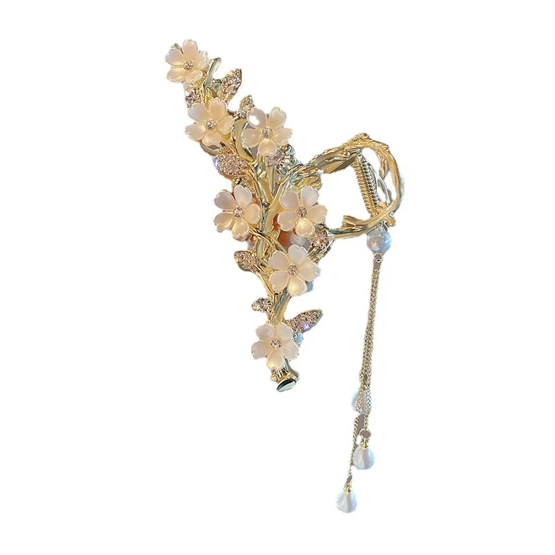 Metal Pearl Bell Orchid Tassel Hair Clip with Diamond Inlay Grip