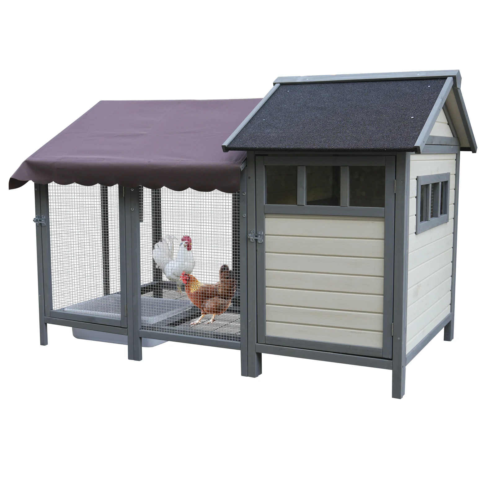 Large Outdoor Chicken Coops, Wooden Chicken Coops with Brooding Boxes, Bird Cages,can Accommodate 3 to 5 Chickens Rabbit Cages - Black Waterproof and Sun-protective Felt Roofs Dark Gray Beige
