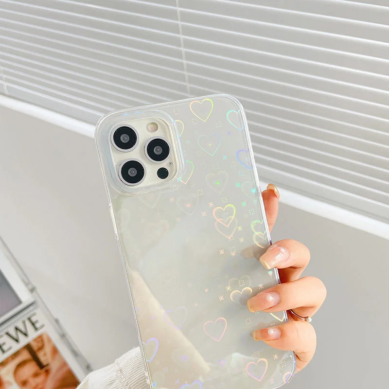 Colorful laser love double‑sided coated silicone phone case – transparent shock‑proof cover