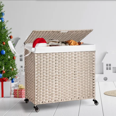 Laundry Hamper with Lid Pe Rattan Powder Coating Frame Clothes Hampers with 02 Removable Bags, Wheels, 160l, Gray Color