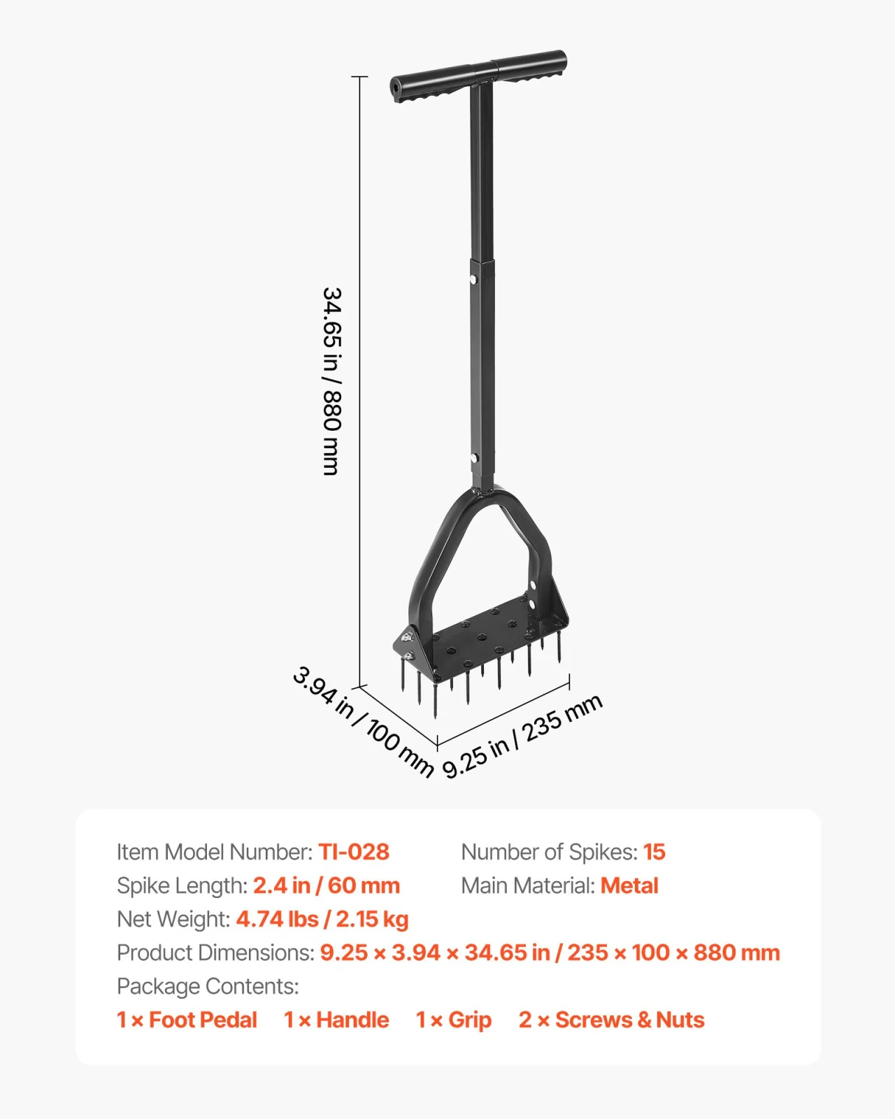 Manual lawn aerator with 15 steel spikes, wide foot plate and long handle