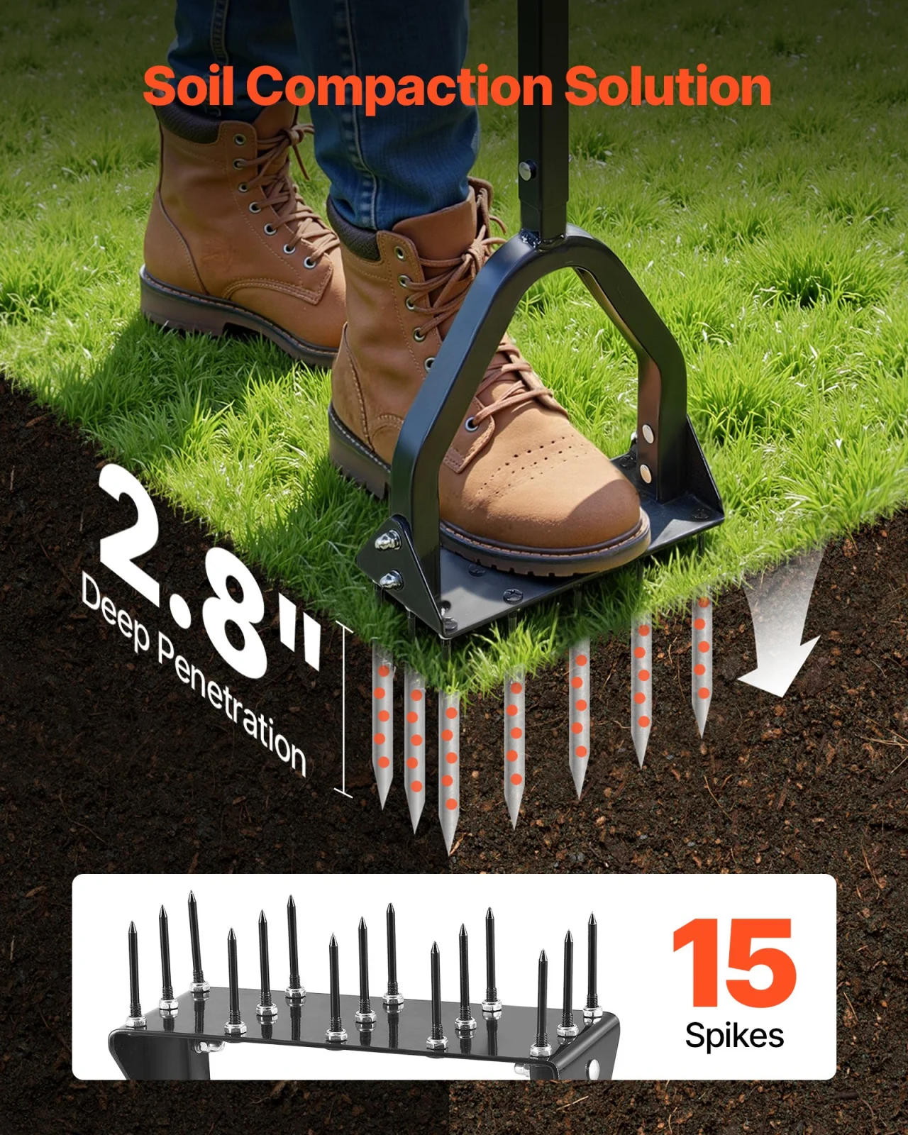 Manual lawn aerator with 15 steel spikes, wide foot plate and long handle