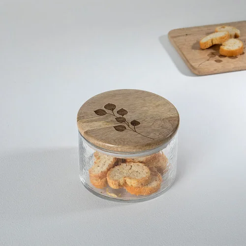 Leafy Twig Glass Jar Container with Wooden Lid-700 Ml