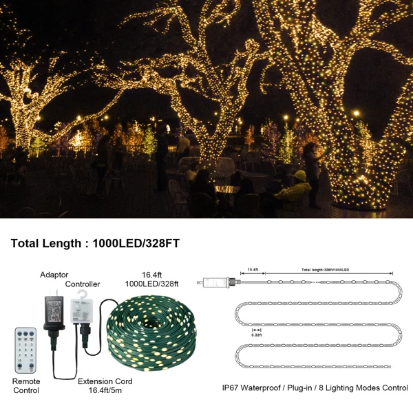100m Warm‑Color LED String Light with 1000 Dimmable Waterproof Lamps