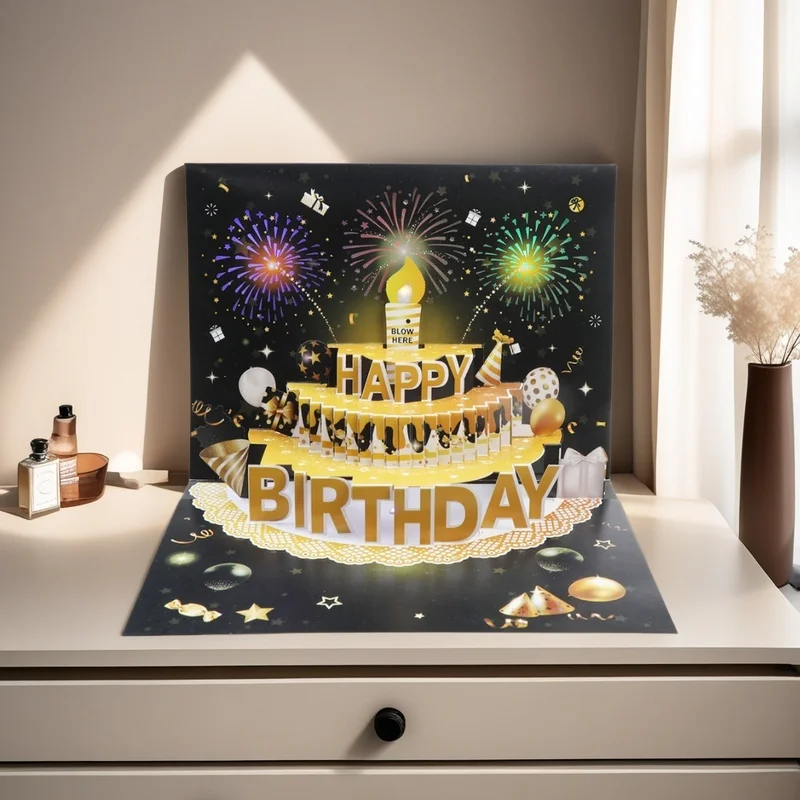 Light Music Up Card Gift Cake Happy Birthday Card with Envelope