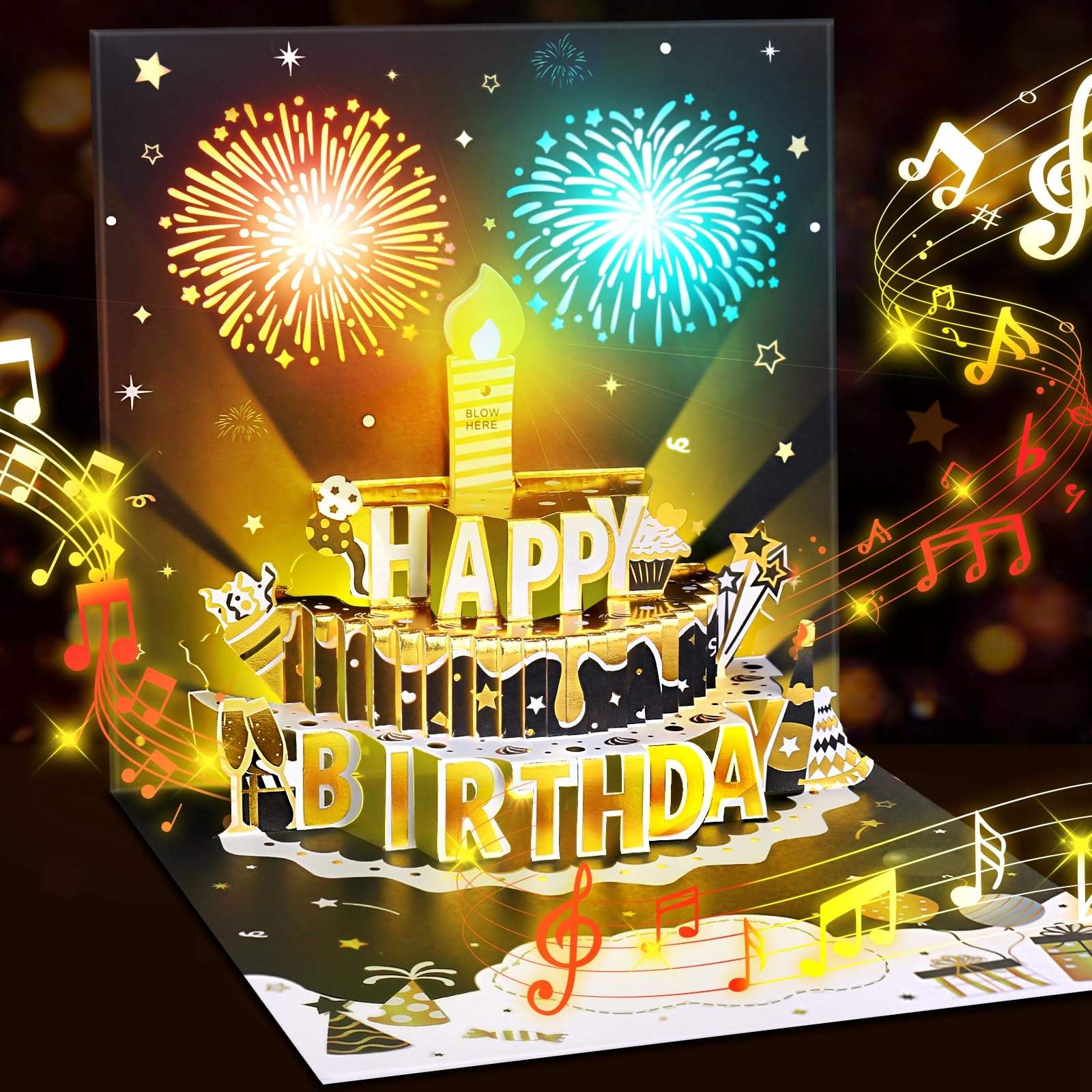 Light Music Up Card Gift Cake Happy Birthday Card with Envelope
