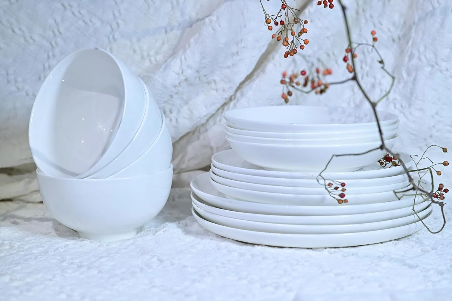 Lily Bone China Dinnerware Set, 16 Pieces, Service for 4, White Plates, Dishes, Bowls Set, Microwave and Dishwasher Safe