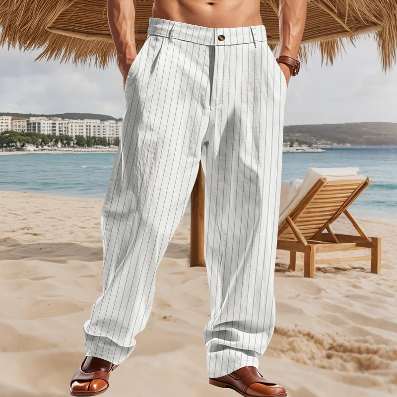 White and Black Striped Linen Casual High‑Waist Wide‑Leg Pants – Loose Fit for Youth