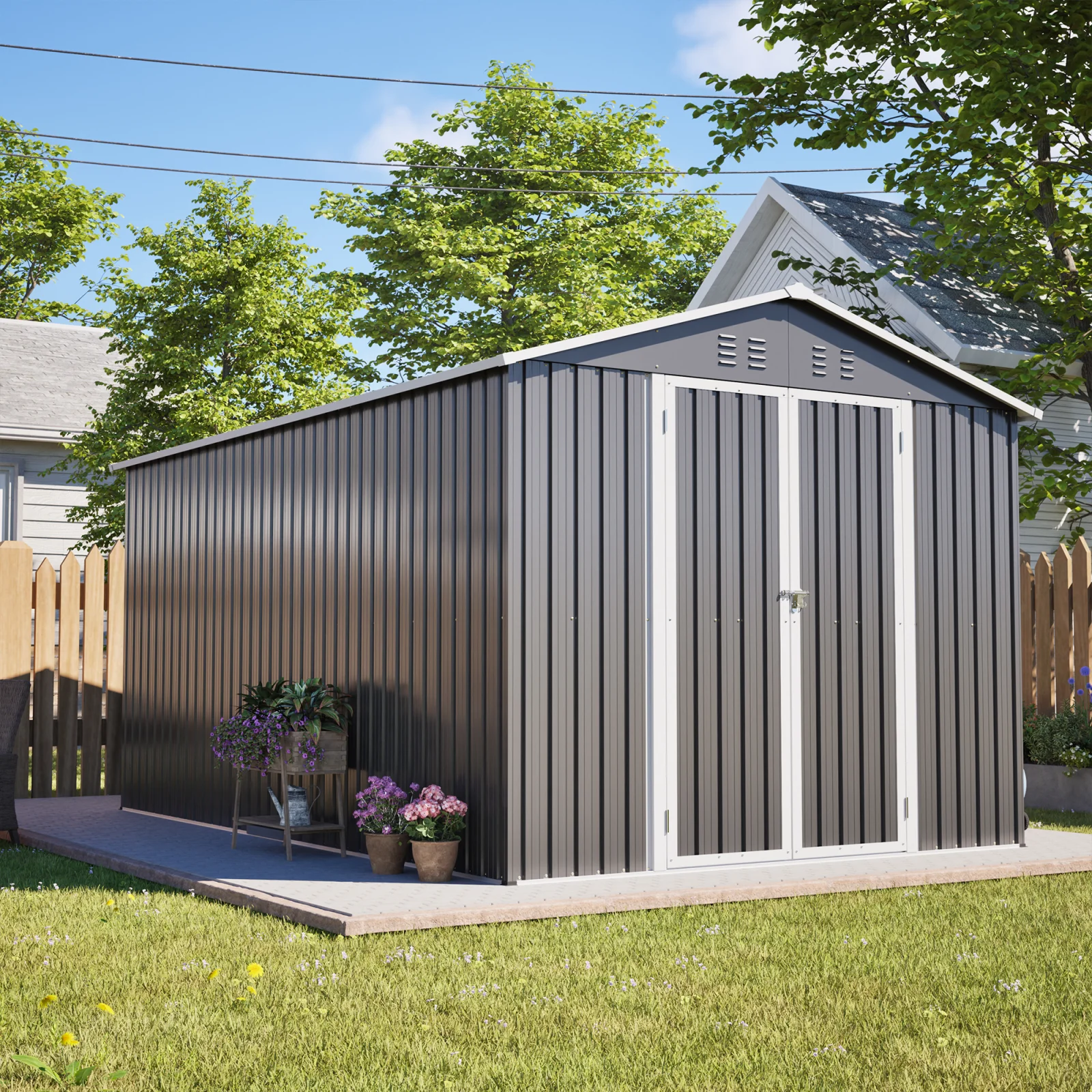 Lockable Secure Metal Shed 8x12 Ft - Large Outdoor Storage with Aluminum Frame, Durable Garden Tool Shed for Backyard, Patio, Lawn, Grey