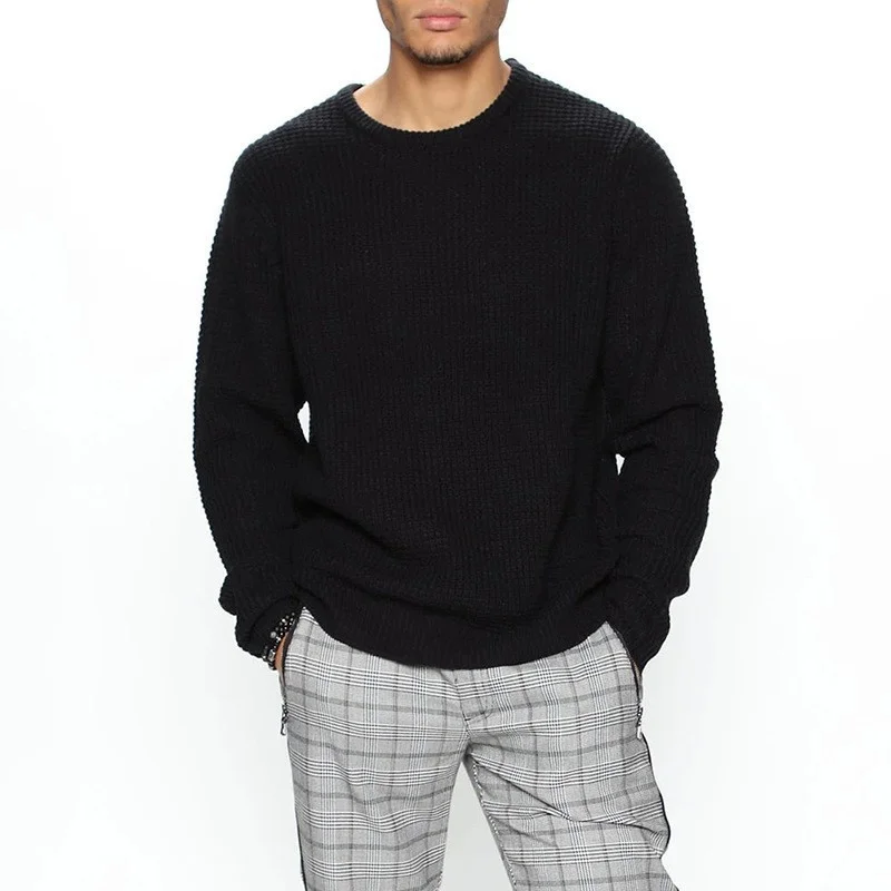 Loose Fit Long Sleeve Crew Neck Men’s T‑Shirt with Geometric Print, Black, Gray, Blue, Green, Khaki