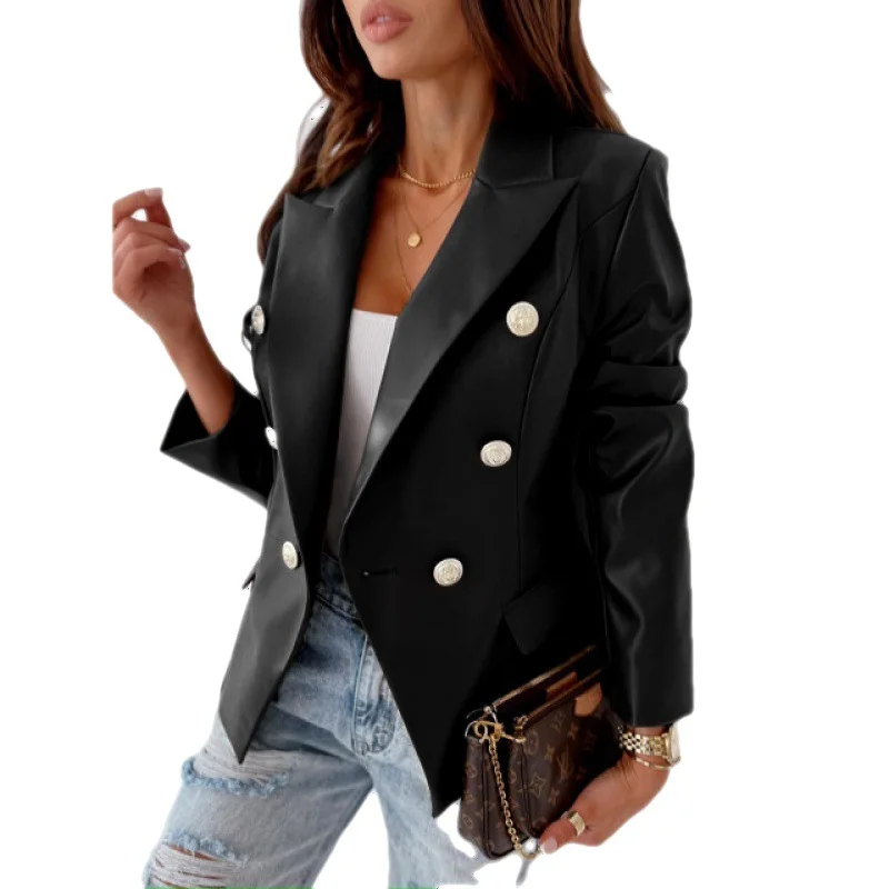 Long Sleeve Double Breasted Fashion Pu Leather Suit