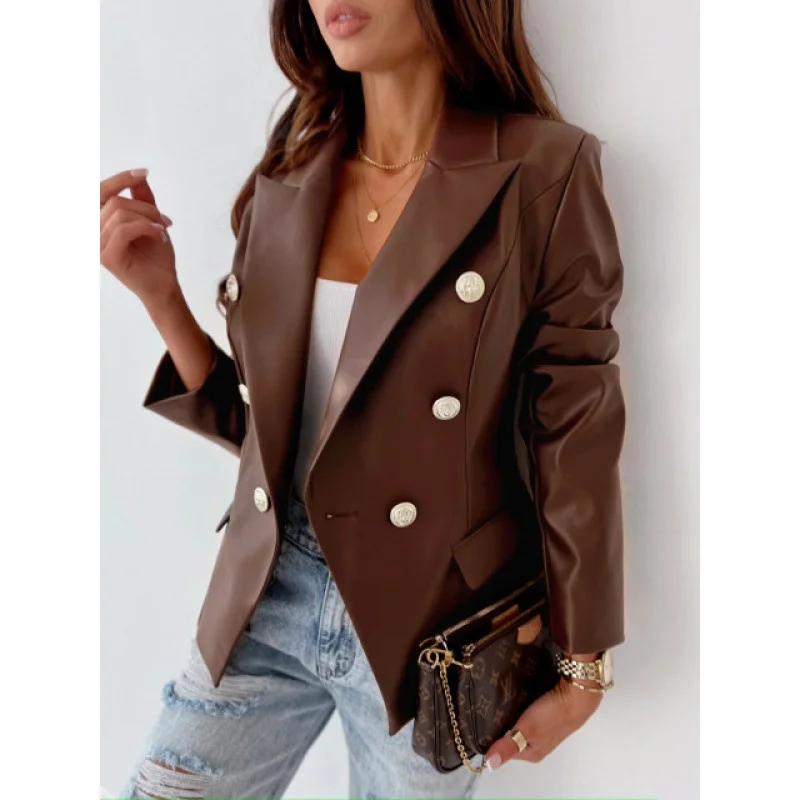 Long Sleeve Double Breasted Fashion Pu Leather Suit