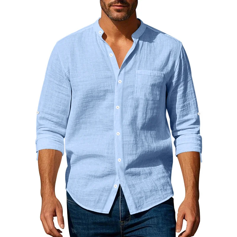Long Sleeve Stand Collar Shirt with Pockets – Casual Men’s Cardigan in Light Blue, Khaki, White, Black, Dark Gray