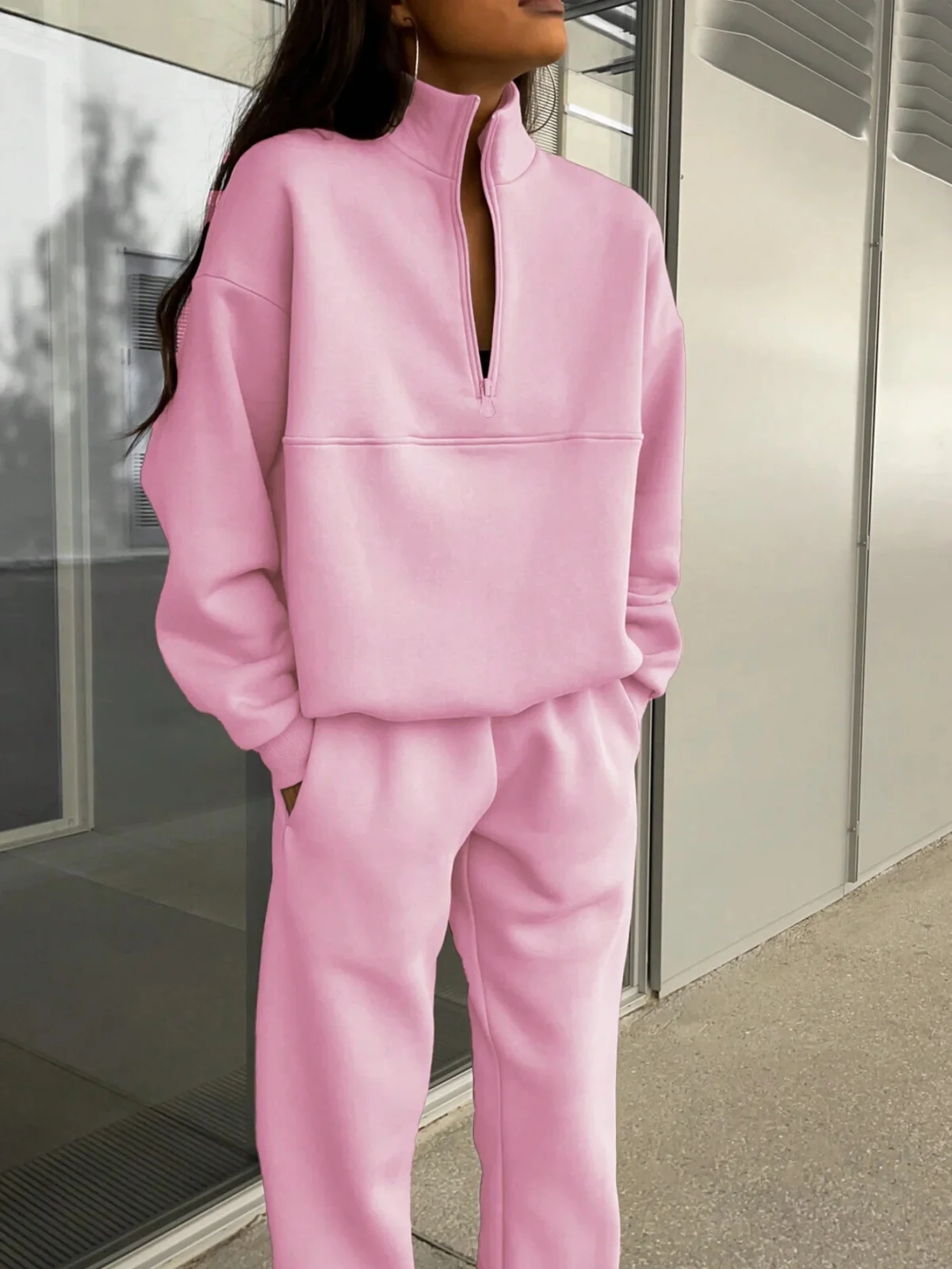 Long-sleeved Sports Sweatshirt Suit Fashion Stand-up Collar Zip-up Top and Elastic Band Trousers with Pocket Srping Fall Clothing for Women