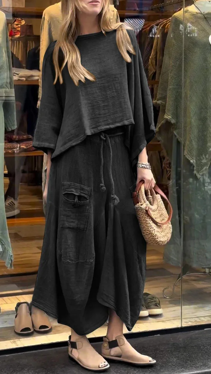 Loose-fitting Skirt Suit Fashion Solid Color Pullover Long-sleeved Top and Long Skirt Two-piece Set