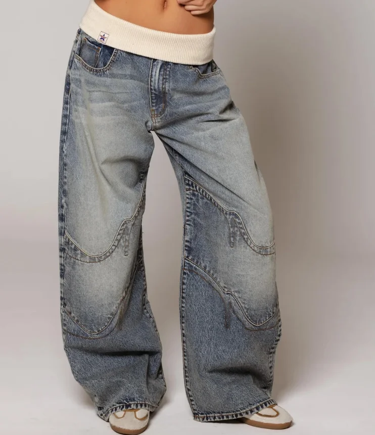 Loose-fitting Straight-leg Jeans with Pockets Fashion Casual Trousers Street-style Pants Women's Clothing