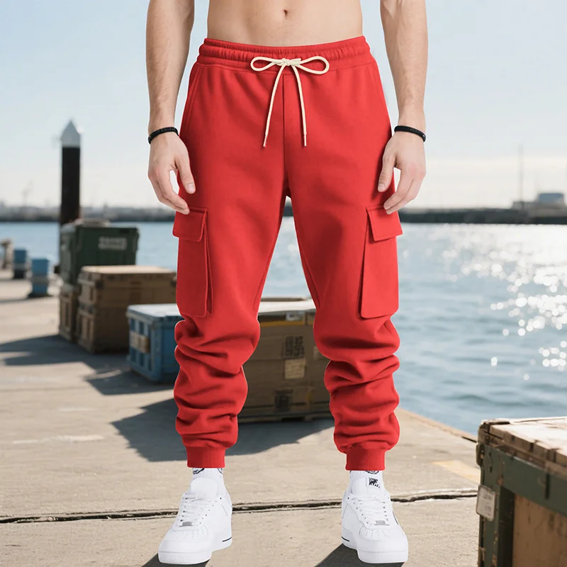 Men's Loose Fit Multi Pocket Workwear Trousers in Red Black Khaki